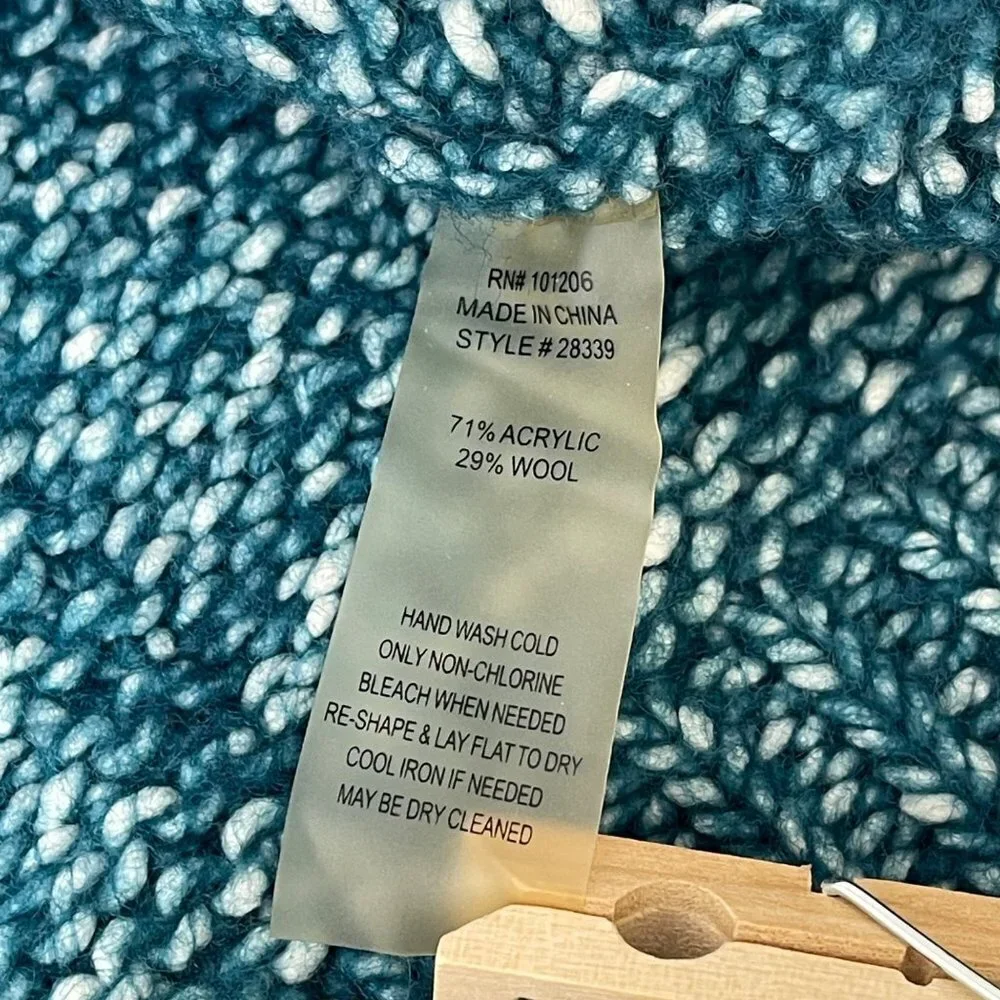 Soft Surroundings Women's Teal 1/4 Zip Aran Cable Knit Sweater Size M Wool Blend
